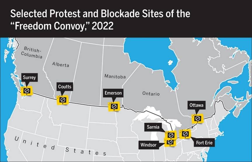 This image shows an enlarged map of Canada and the United States with selected protest and blockade sites of the “Freedom Convoy” in 2022. The site of the protests and blockades are indicated with the name of the city and the province where they occurred, accompanied by an illustration of a “do not enter” sign next to each of the affected locations. These locations are Surrey, British Columbia; Coutts, Alberta; Emerson, Manitoba; and Sarnia, Fort Erie and Ottawa, Ontario. The map indicates that these locations are generally close to the border with the United States.