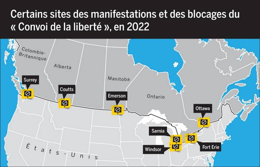 Cette image est une carte agrandie du Canada et des États-Unis qui présente certains sites des manifestations et des blocages du « Convoi de la liberté » survenus en 2022. Les sites des manifestations et des blocages sont indiqués avec le nom de la ville et de la province où ils sont survenus, accompagnés d’une illustration d’un panneau d’interdiction de traverser vis-à-vis chacun des endroits touchés. Il s’agit de Surrey, Colombie-Britannique; Coutts, Alberta; Emerson, Manitoba; Windsor, Sarnia, Fort Erie et Ottawa, Ontario. La carte met en évidence que ces endroits sont généralement situés près de la frontière avec les États-Unis.